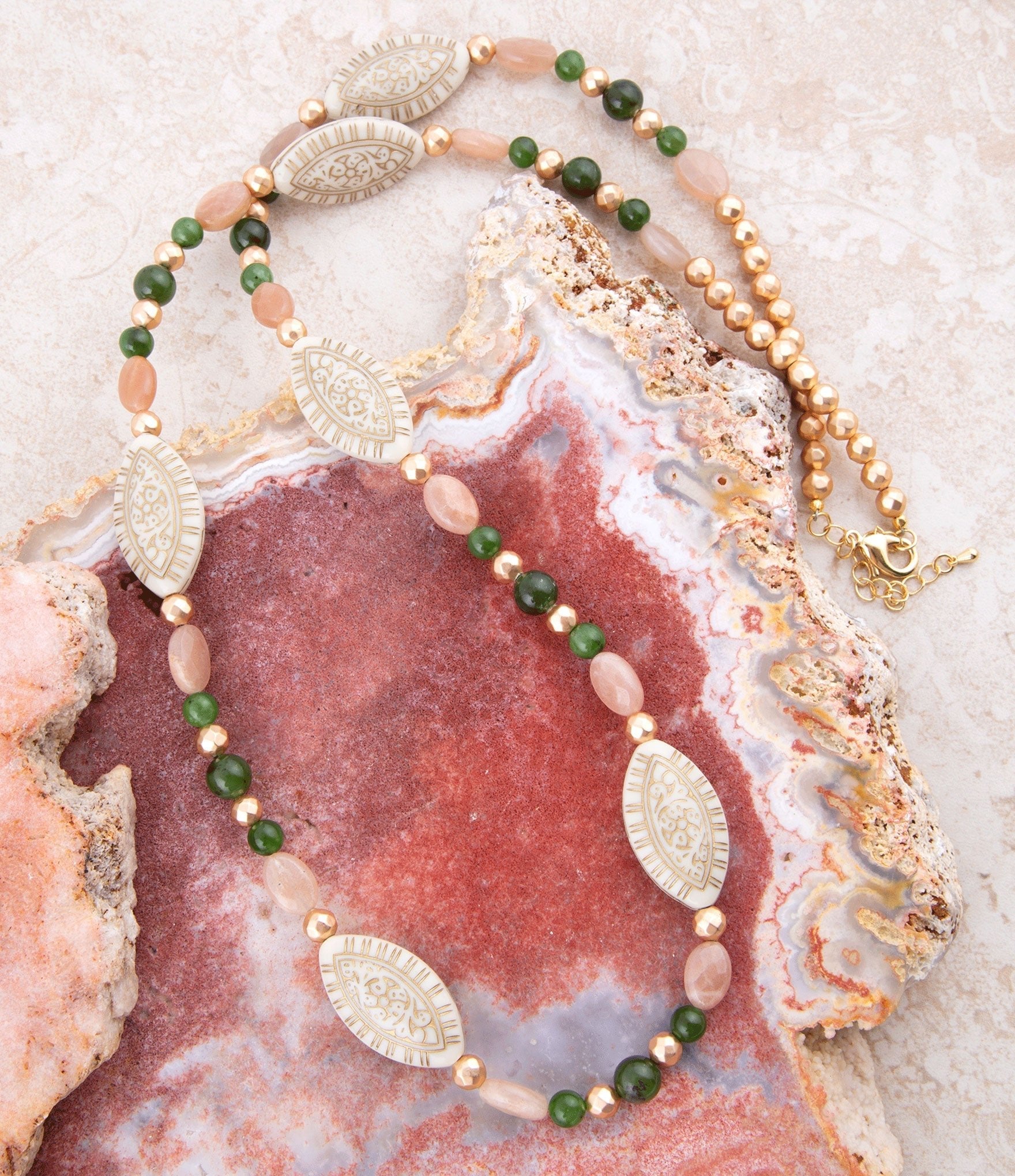 Green Jade and Pink Sunstone Golden Necklace