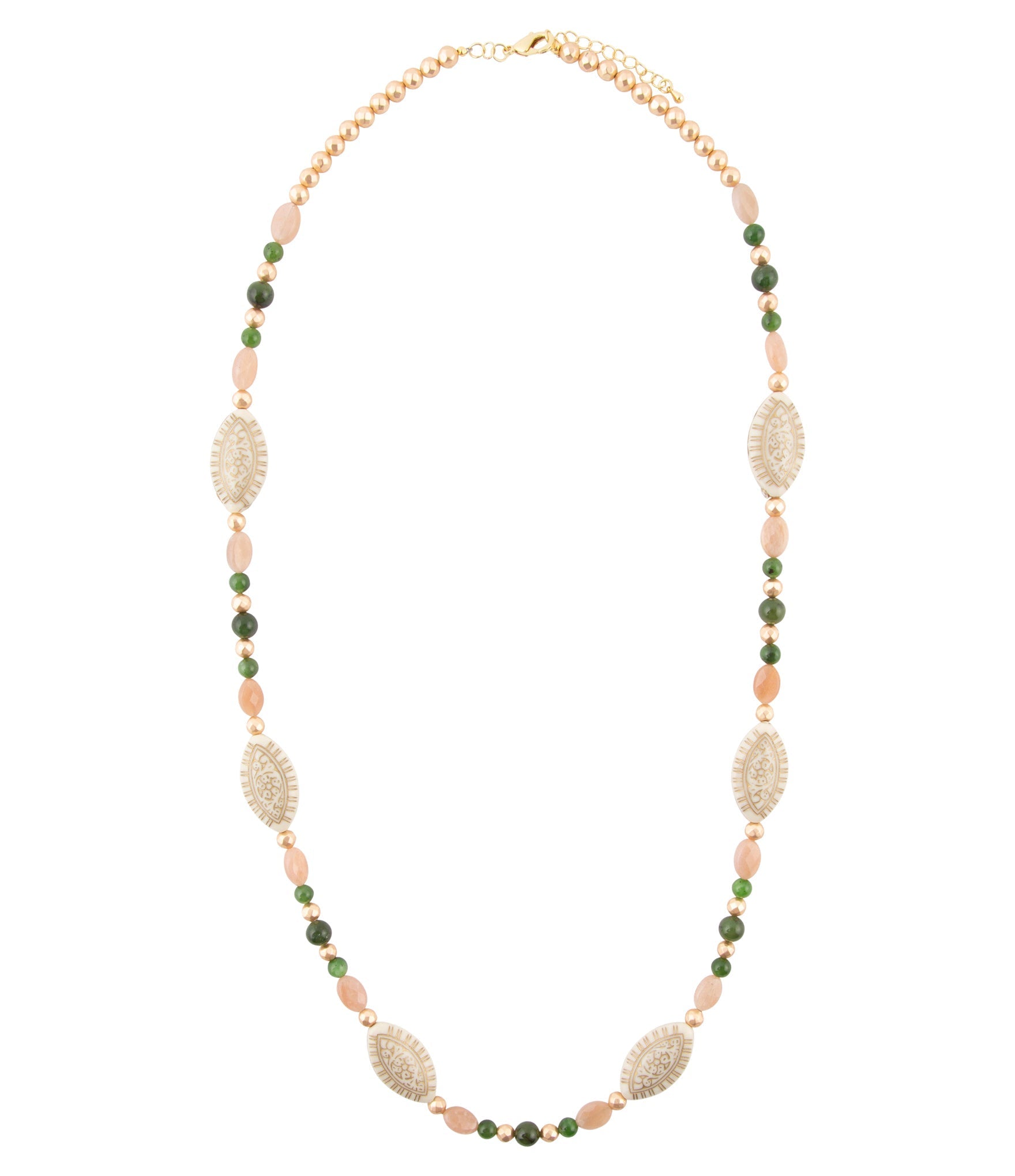 Green Jade and Pink Sunstone Golden Necklace
