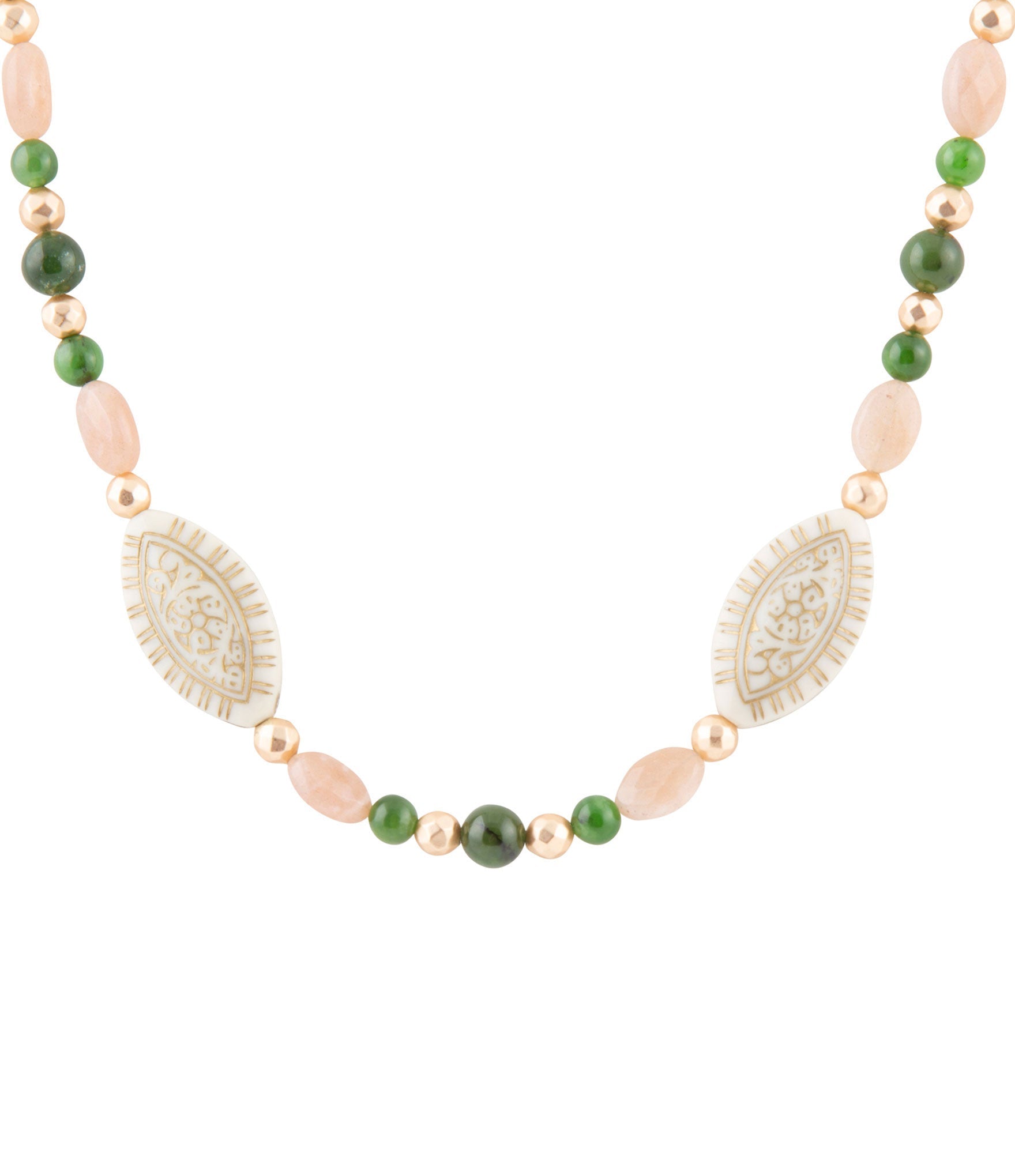 Green Jade and Pink Sunstone Golden Necklace