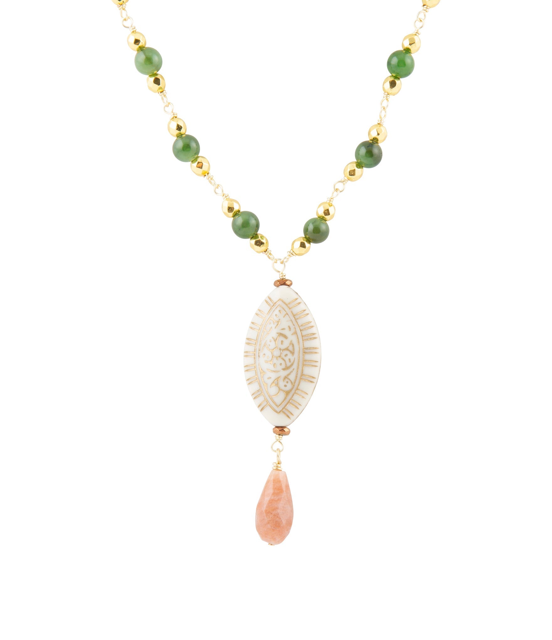 Green Jade and White Golden Pendant Necklace
