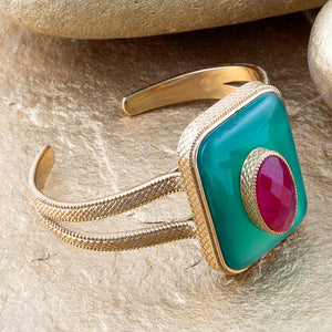Green Onyx Stacked Red Quartz Golden Cuff Bracelet