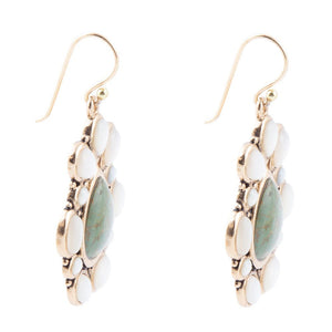 Green Turquoise and White Mother of Pearl Golden Bronze Drop Earrings