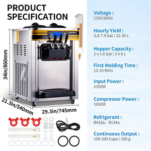 Heavy Duty Commercial 3 Flavor Countertop Soft Serve Ice Cream Maker Machine, 2350W (91803572)