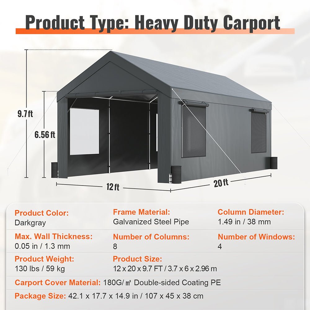 [12x20FT] Heavy Duty Outdoor Premium Garage Tarp Canopy Shelter W/ Removable Sidewalls (SAK94615)