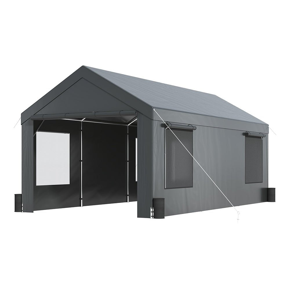 [12x20FT] Heavy Duty Outdoor Premium Garage Tarp Canopy Shelter W/ Removable Sidewalls (SAK94615)