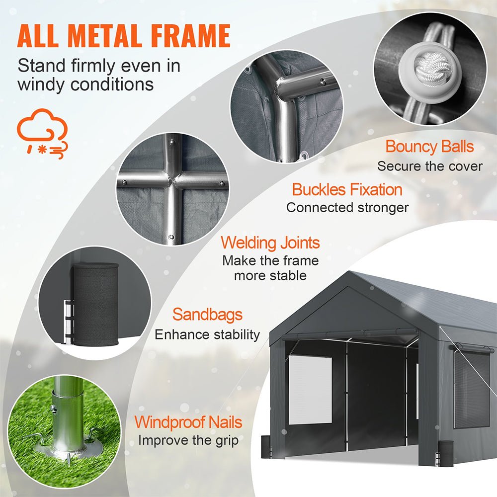 [12x20FT] Heavy Duty Outdoor Premium Garage Tarp Canopy Shelter W/ Removable Sidewalls (SAK94615)