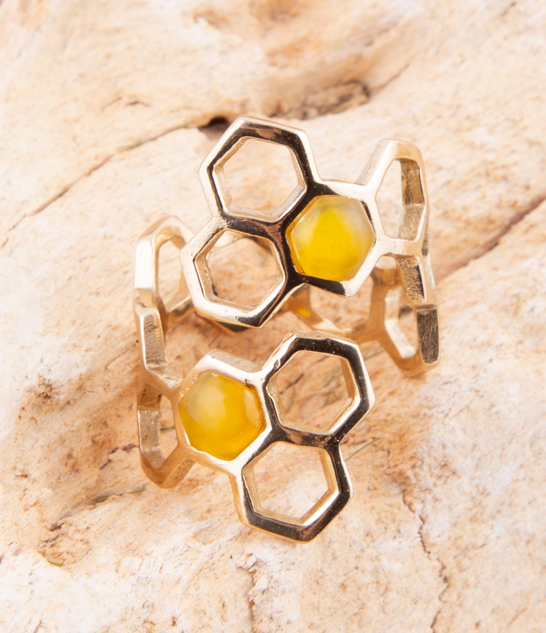 Honeycomb Yellow Agate Golden Ring