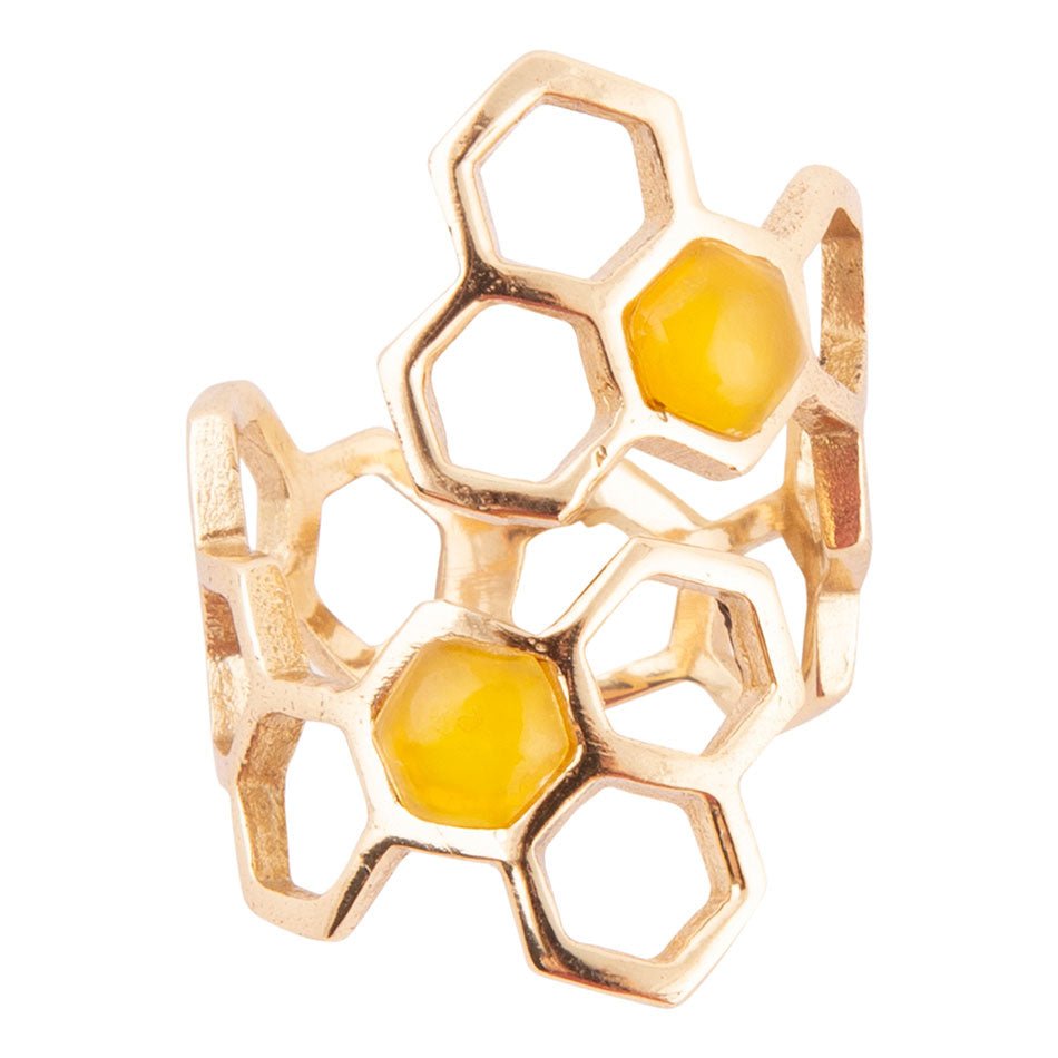 Honeycomb Yellow Agate Golden Ring