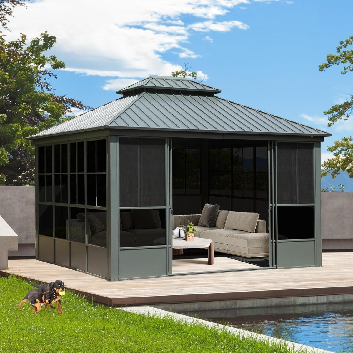 [12x14FT] Large Heavy Duty All-Season Steel Top Aluminum Double Roof Backyard Gazebo (SAK97284)