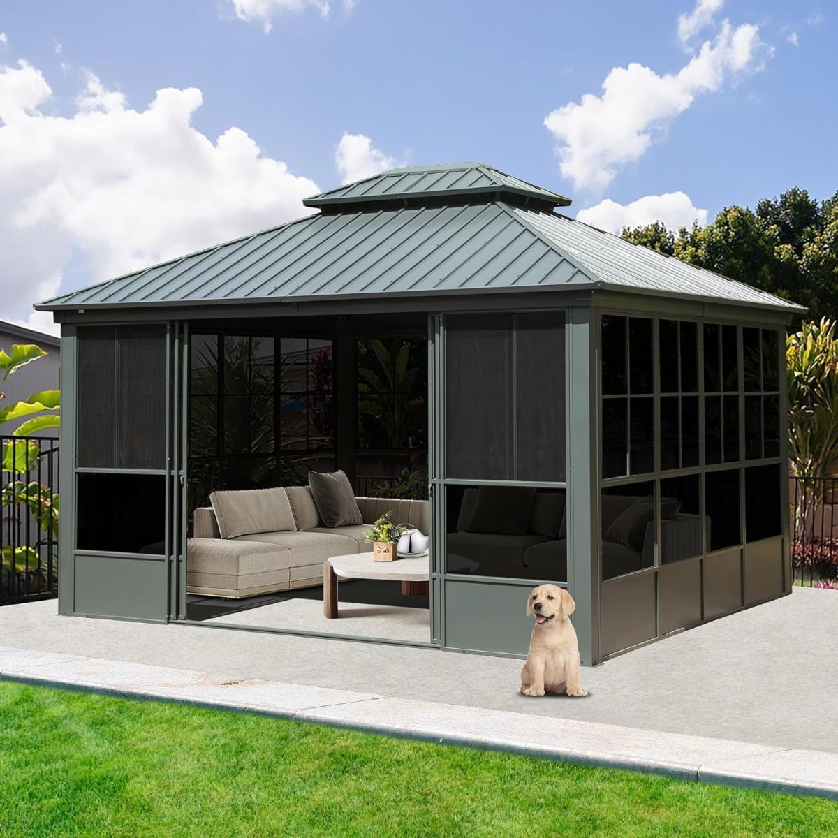 [12x14FT] Large Heavy Duty All-Season Steel Top Aluminum Double Roof Backyard Gazebo (SAK97284)