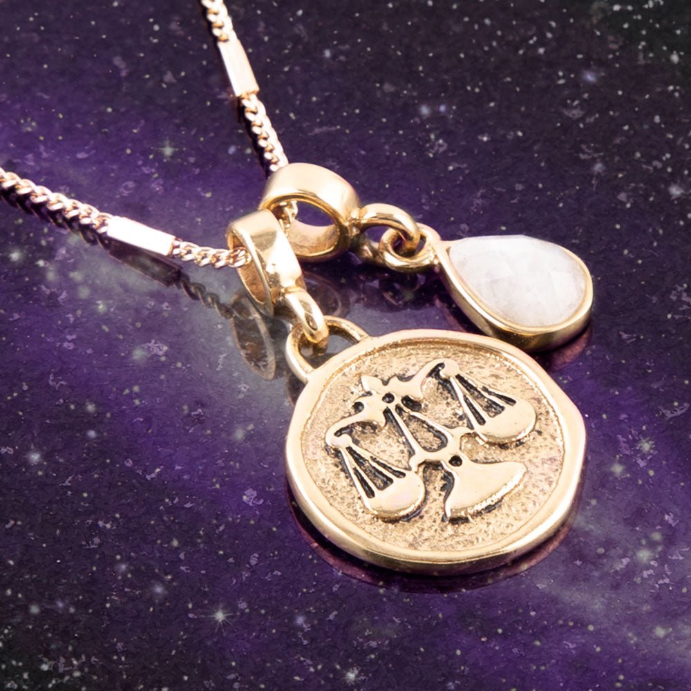 Libra - Zodiac White Moonstone Golden Charm Necklace