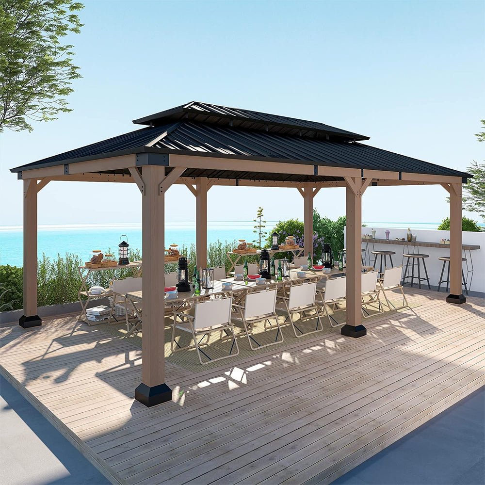 [12x20FT] Heavy Duty Backyard Cedar Wood Steel Hardtop Double Roof Gazebo Canopy (95726813)