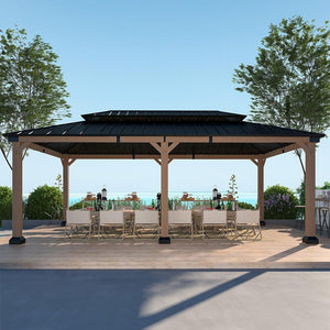 [12x20FT] Heavy Duty Backyard Cedar Wood Steel Hardtop Double Roof Gazebo Canopy (95726813)