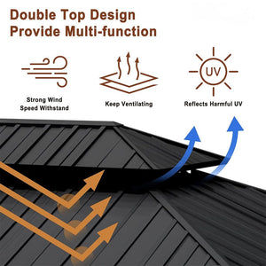 [12x20FT] Heavy Duty Backyard Cedar Wood Steel Hardtop Double Roof Gazebo Canopy (95726813)