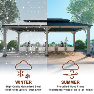 [12x20FT] Heavy Duty Backyard Cedar Wood Steel Hardtop Double Roof Gazebo Canopy (95726813)