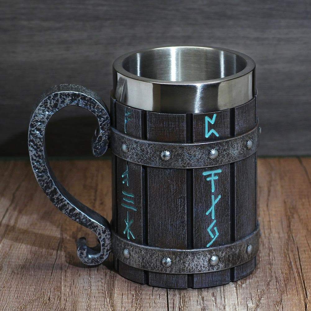 Viking Runes 'Wooden' 20 ounce Stainless Steel Tankard Mug