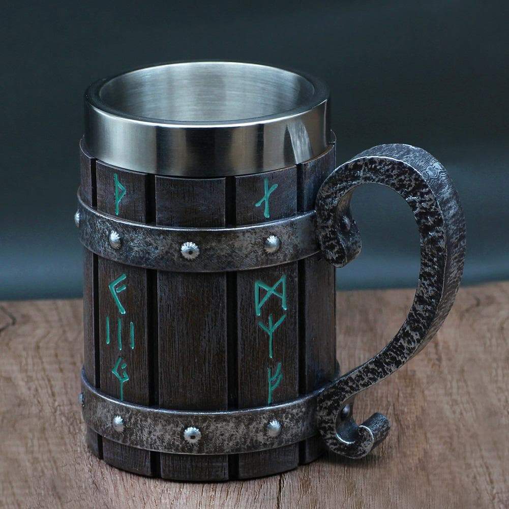 Viking Runes 'Wooden' 20 ounce Stainless Steel Tankard Mug