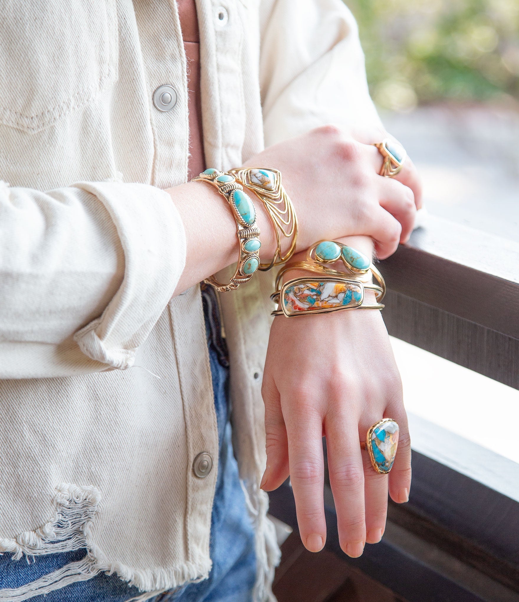 Orange Spiny Oyster and Blue Turquoise Matrix Abstract Golden Ring