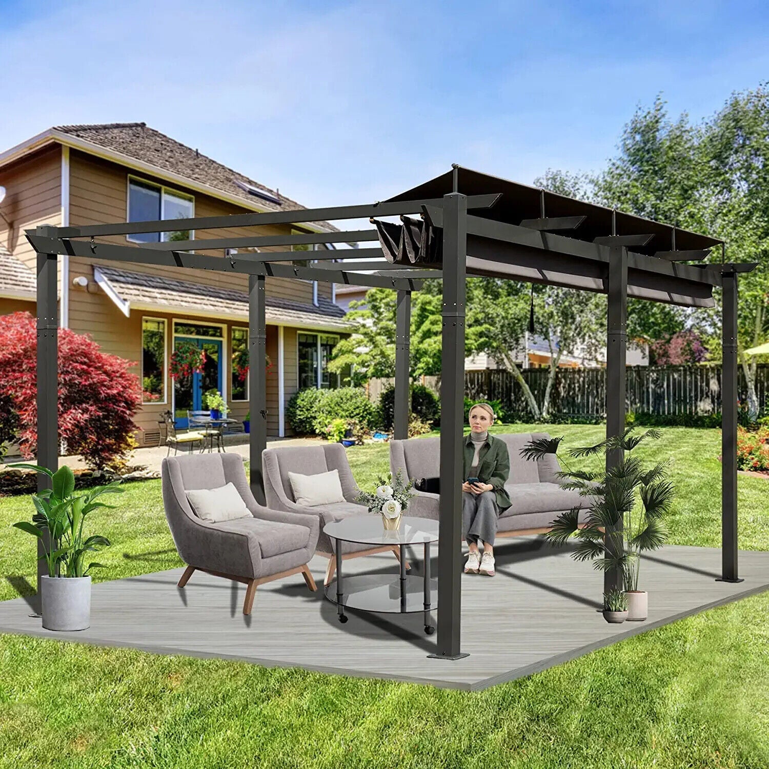[11x16FT] Outdoor Retractable Backyard Aluminum Metal Pergola Gazebo With Roof (97516804)