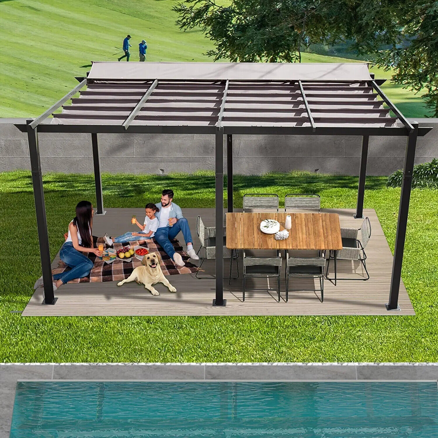 [11x16FT] Outdoor Retractable Backyard Aluminum Metal Pergola Gazebo With Roof (97516804)