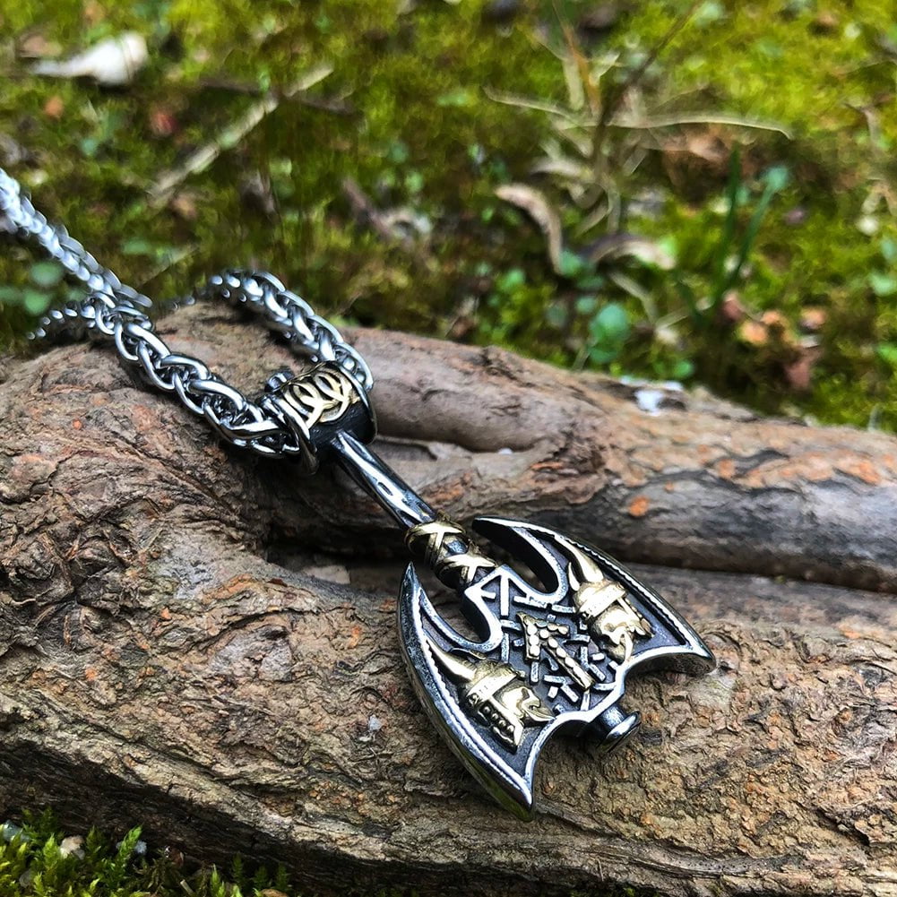 Vikings Axe and Runes Stainless Steel Necklace