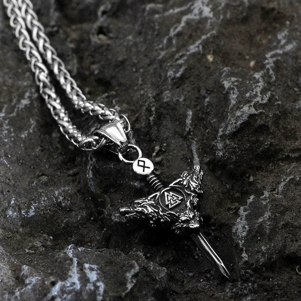 Vikings Sword Valknut and Rune Stainless Steel Necklace