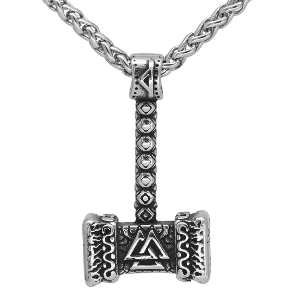 Vikings Valknut in Thor's Hammer Stainless Steel Necklace