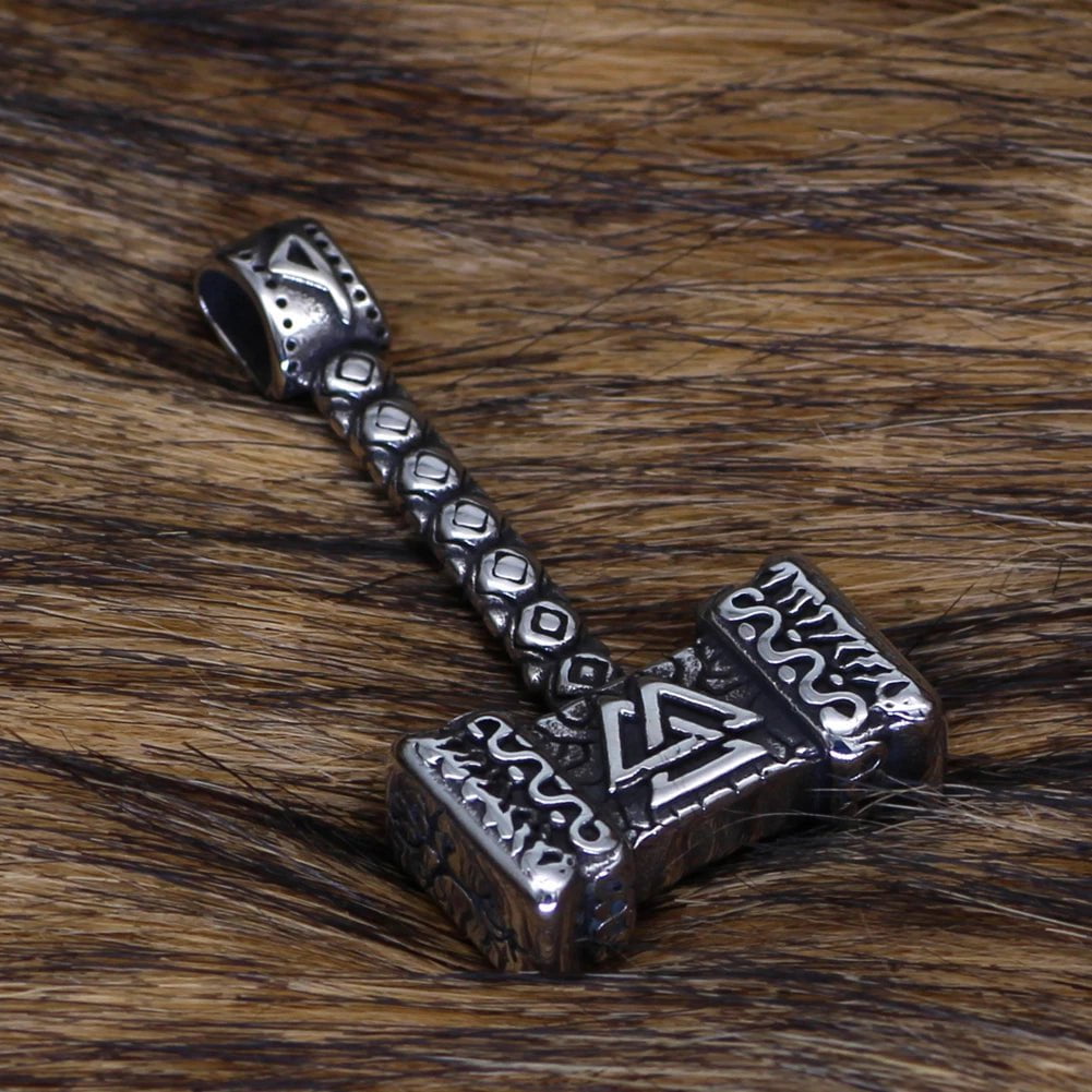 Vikings Valknut in Thor's Hammer Stainless Steel Necklace