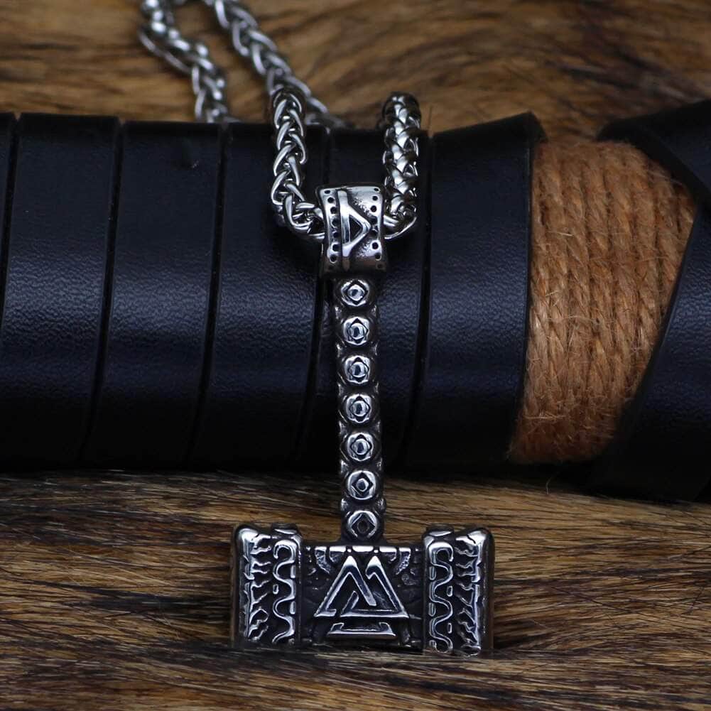 Vikings Valknut in Thor's Hammer Stainless Steel Necklace