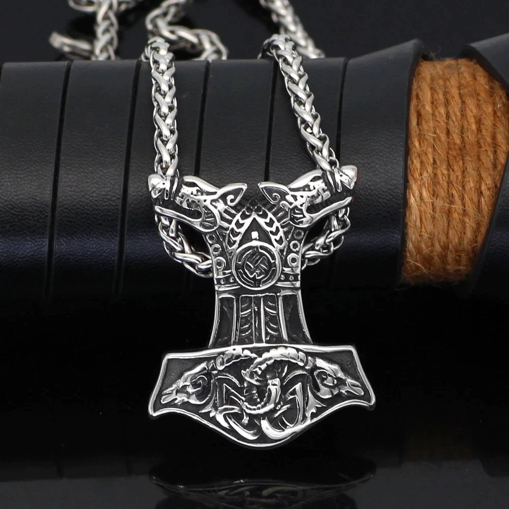 Vikings Wolf and Goat Head Mjolnir Pendant Necklace