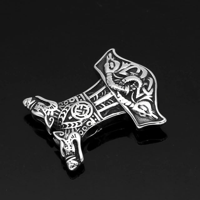 Vikings Wolf and Goat Head Mjolnir Pendant Necklace