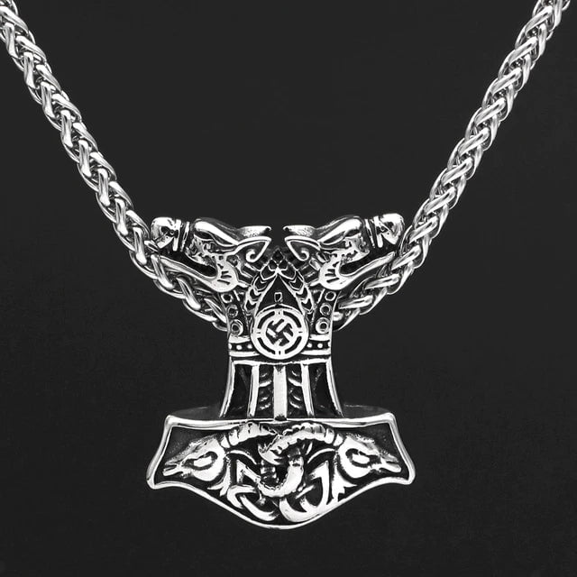 Vikings Wolf and Goat Head Mjolnir Pendant Necklace