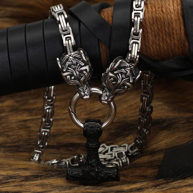 Vikings Wolf Head and Mjolnir Stainless Steel Necklace