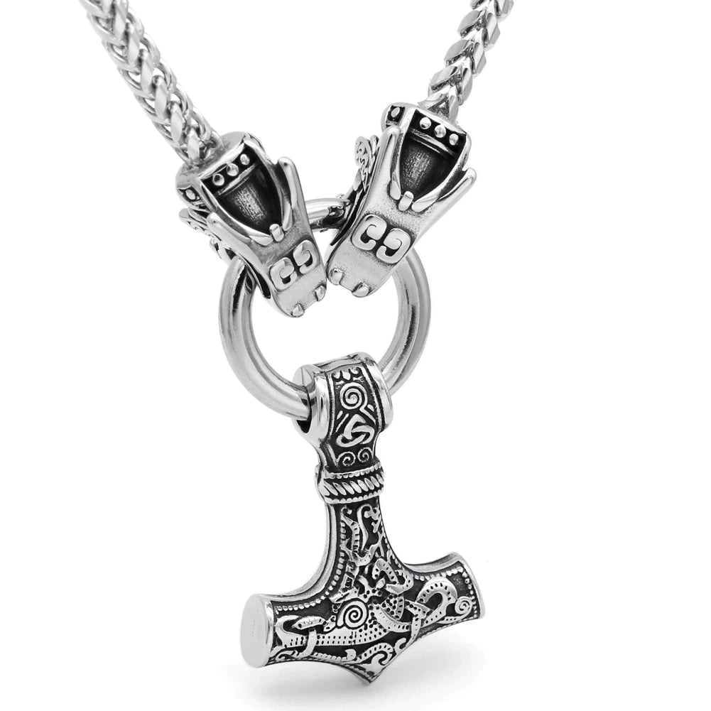 Vikings Wolf Head Mjolnir Stainless Steel Necklace