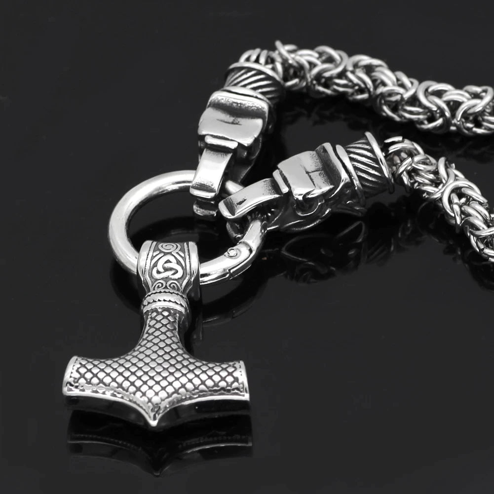 Vikings Fenrir's Head in Mjolnir Stainless Steel Necklace