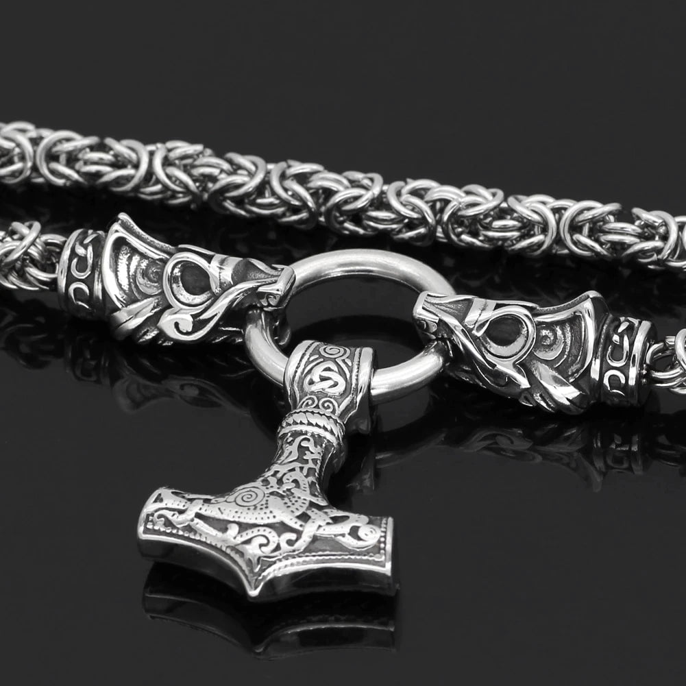 Vikings Mjolnir in Dragon Head Stainless Steel Necklace