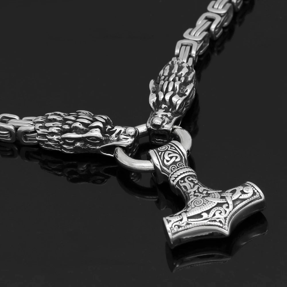 Vikings Dragon Head Mjolnir Stainless Steel Necklace