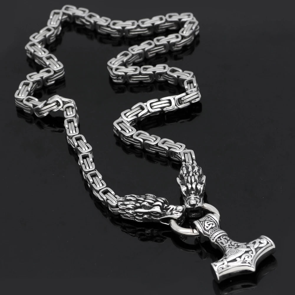 Vikings Dragon Head Mjolnir Stainless Steel Necklace