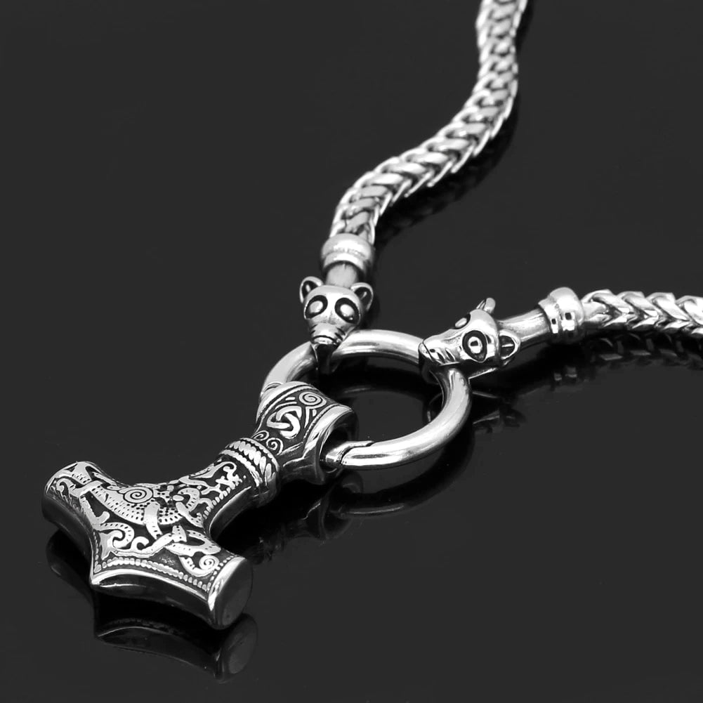 Vikings Fenrir in Mjolnir Stainless Steel Necklace