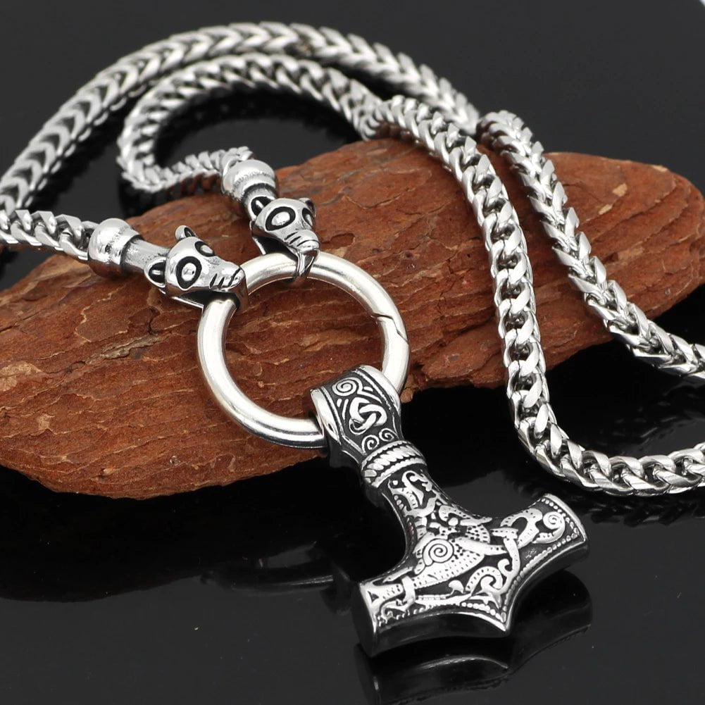 Vikings Fenrir in Mjolnir Stainless Steel Necklace