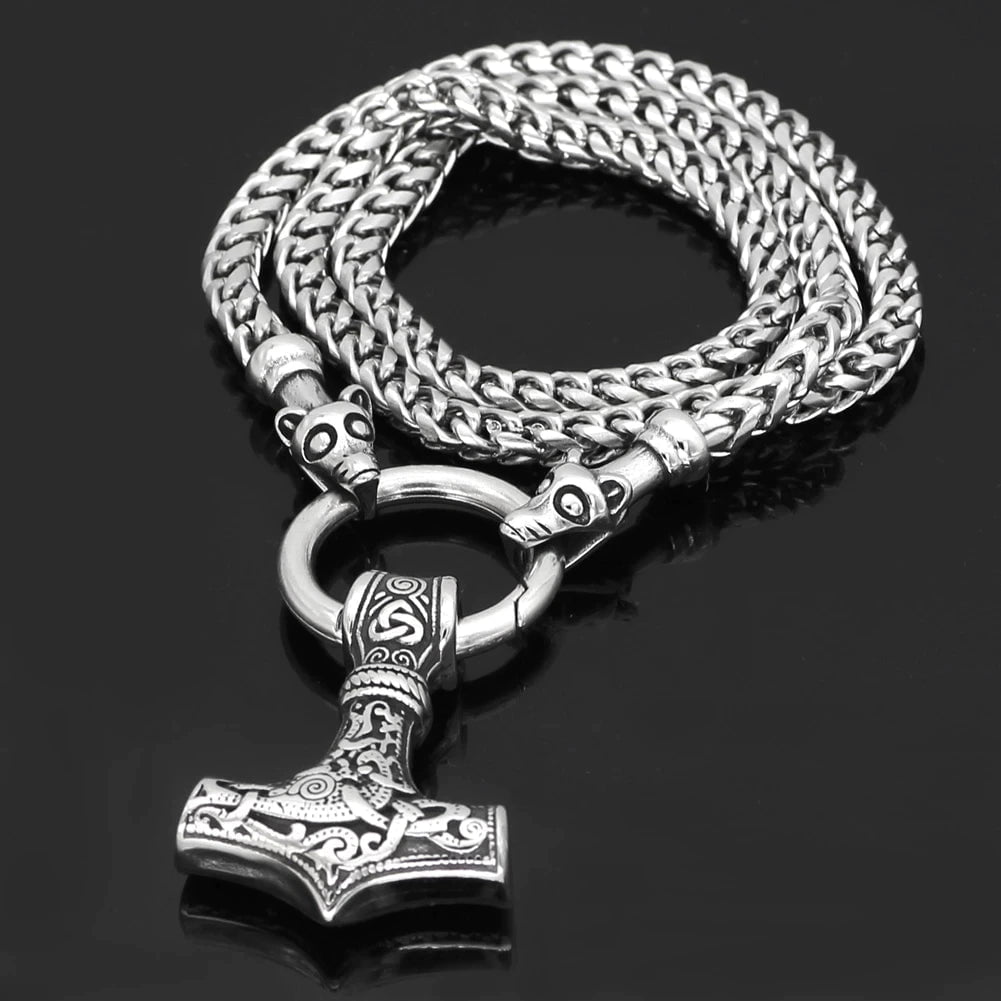 Vikings Fenrir in Mjolnir Stainless Steel Necklace
