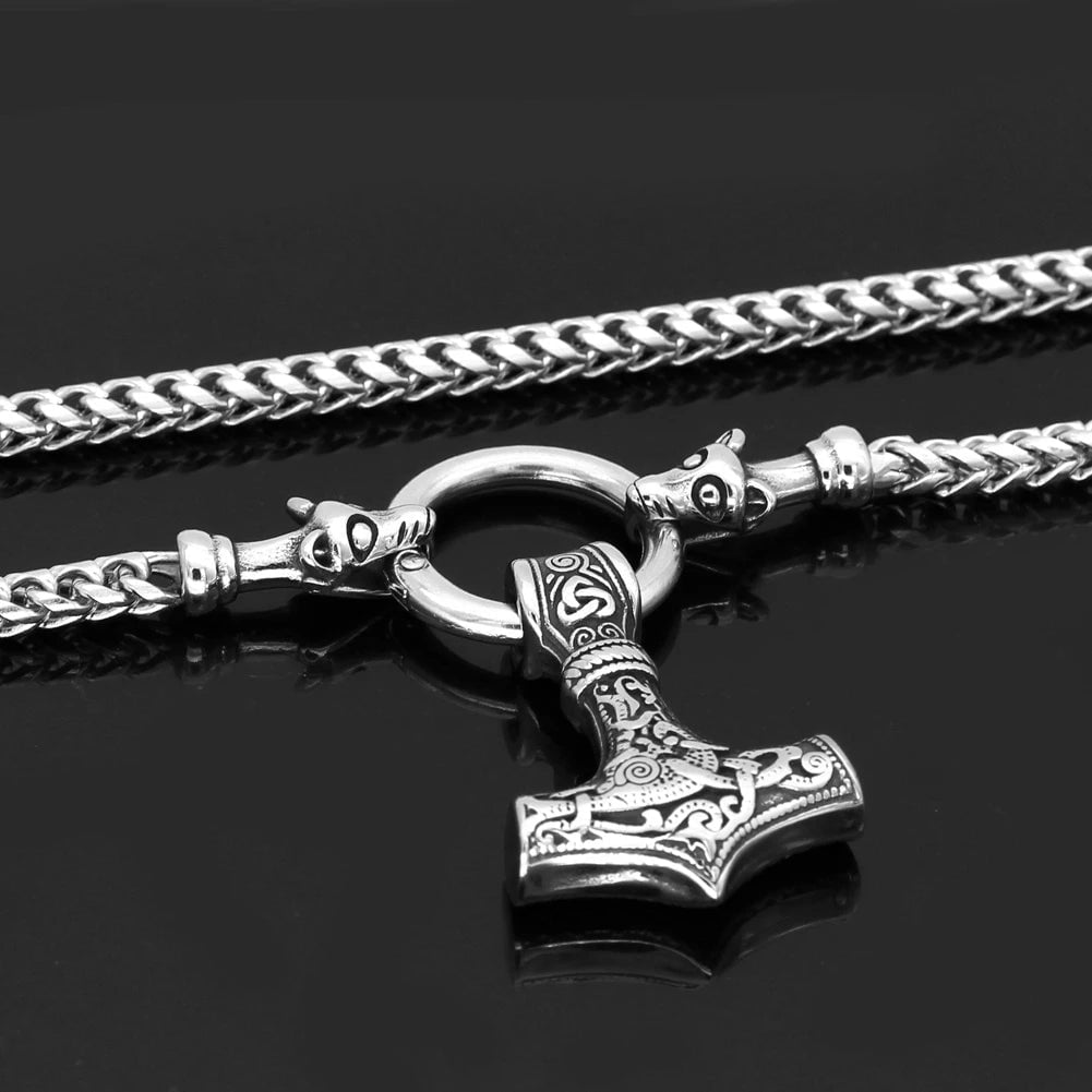 Vikings Fenrir in Mjolnir Stainless Steel Necklace