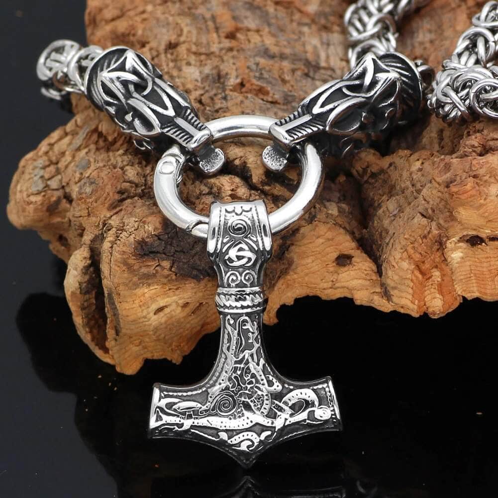 Vikings Fenrir's Head in Mjolnir Stainless Steel Necklace