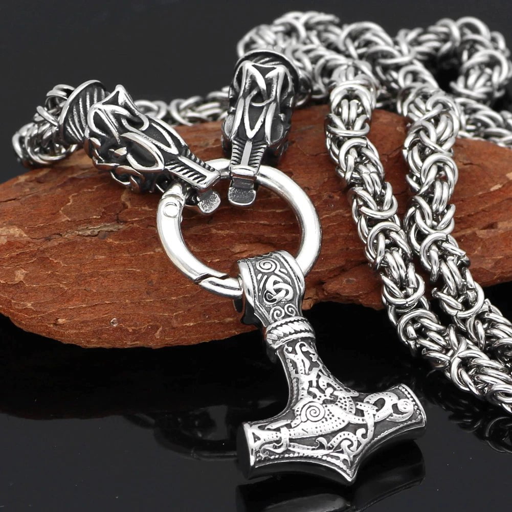 Vikings Fenrir's Head in Mjolnir Stainless Steel Necklace
