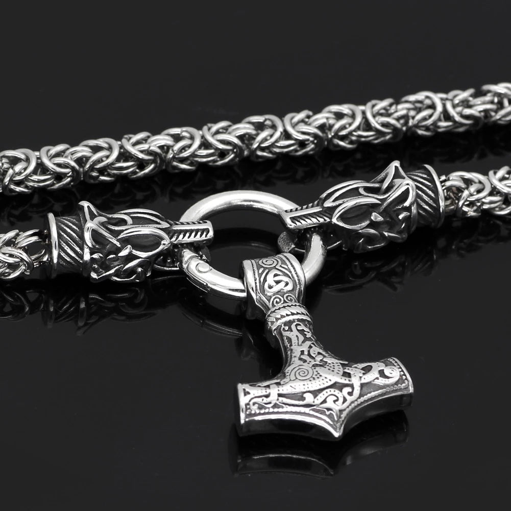 Vikings Fenrir's Head in Mjolnir Stainless Steel Necklace