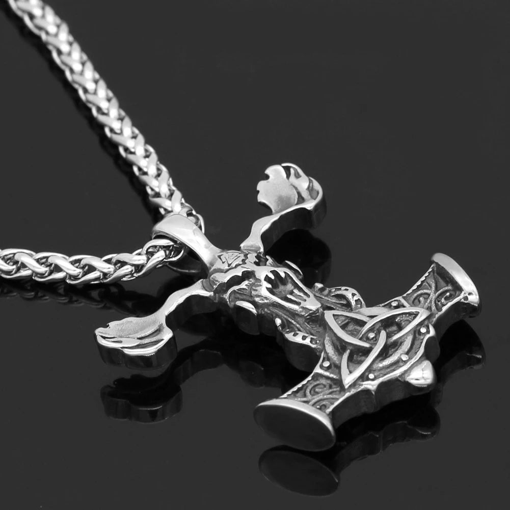 Vikings Goat Skull Mjolnir Stainless Steel Necklace