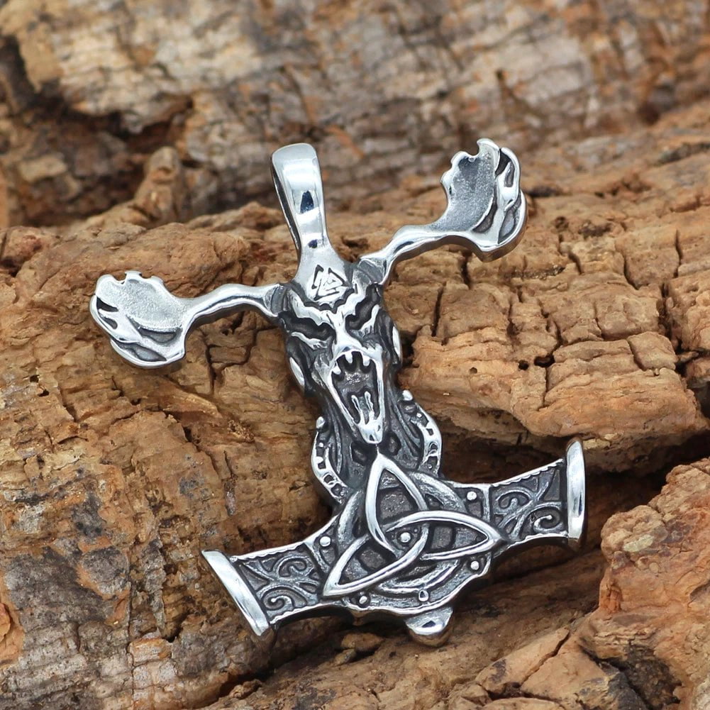 Vikings Goat Skull Mjolnir Stainless Steel Necklace