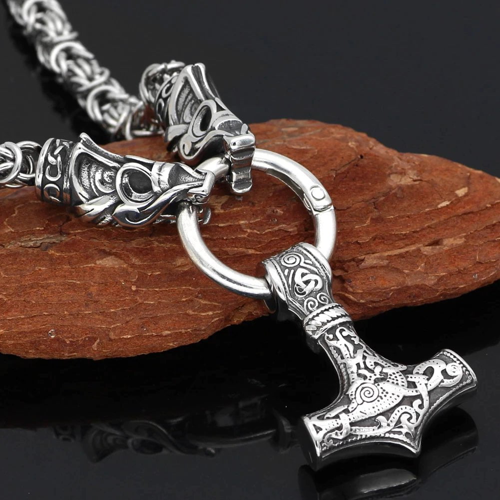 Vikings Mjolnir in Dragon Head Stainless Steel Necklace