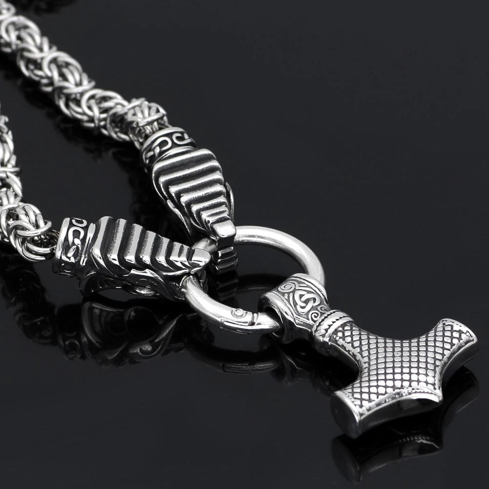 Vikings Mjolnir in Dragon Head Stainless Steel Necklace