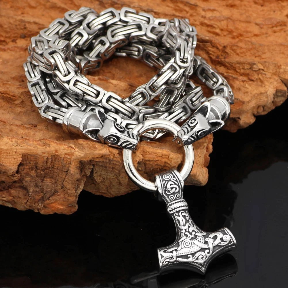 Vikings Mjolnir in Wolf Head Stainless Steel Necklace